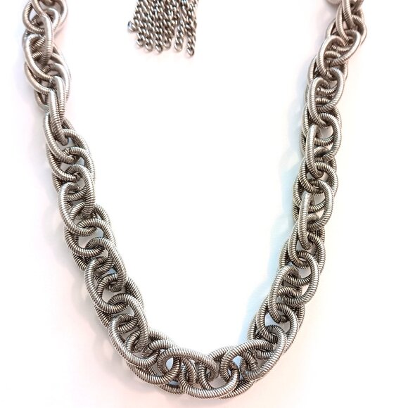 St. John Silver Tone Textured Chain Link Tassel Necklace - Picture 3 of 3